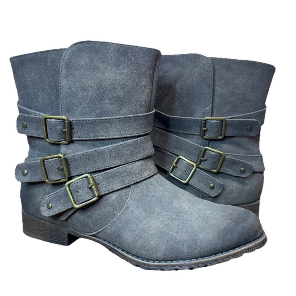 JustFab Ankle Boots Grey Womens 8.5 M Burnished Gray Black Straps Buckles